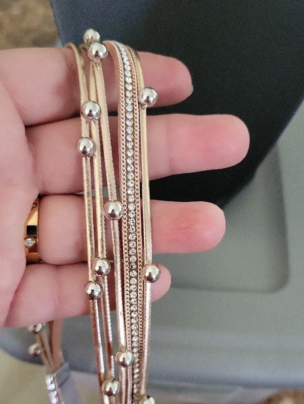 Multi-Strand Metallic Bead Layered Bracelet- Rose Gold & Silver